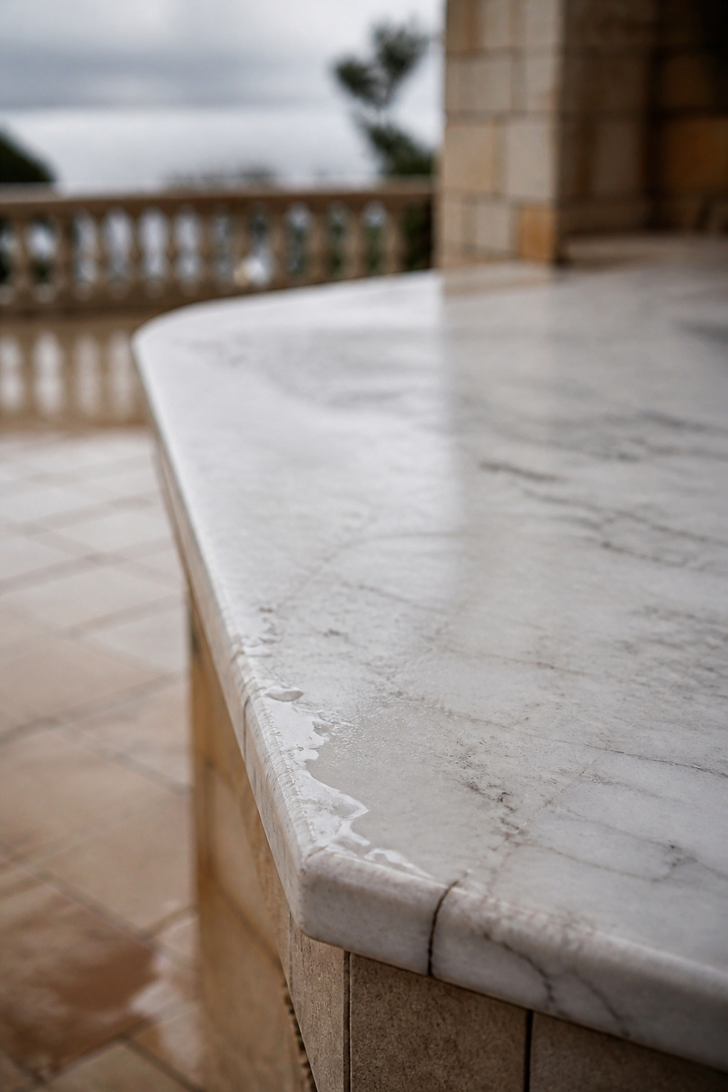 Close-up of a white marble outdoor countertop showing dull etch marks and a hairline crack from weather exposure