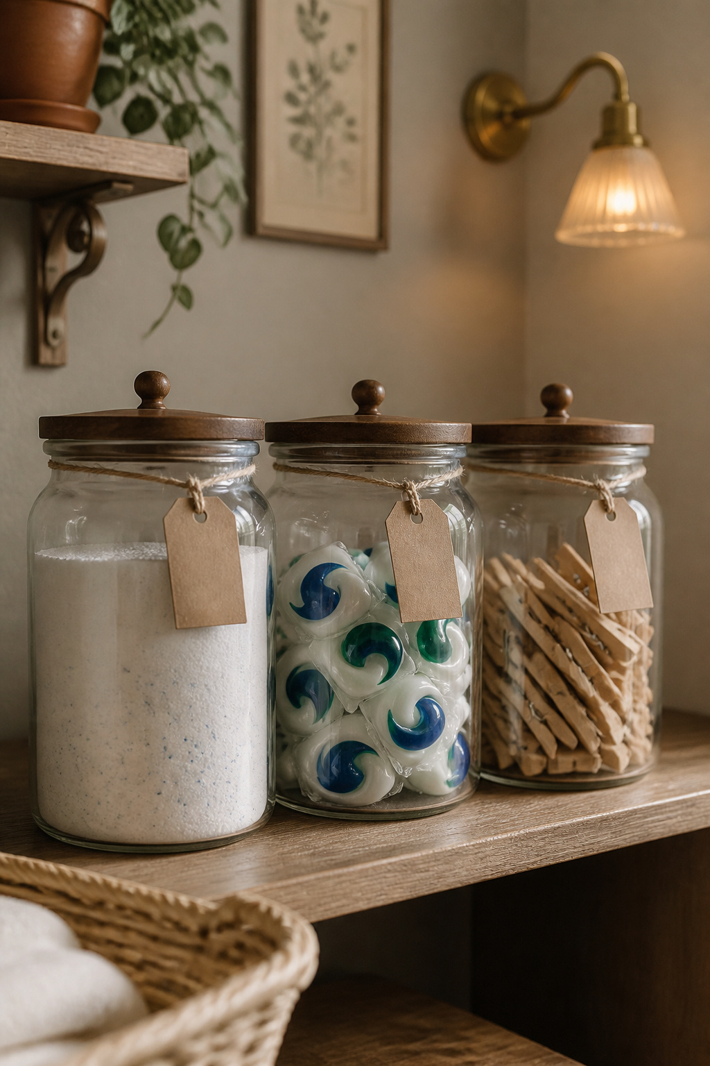 Matched glass canisters with wood lids holding decanted powder detergent, laundry pods, and clothespins on an open shelf