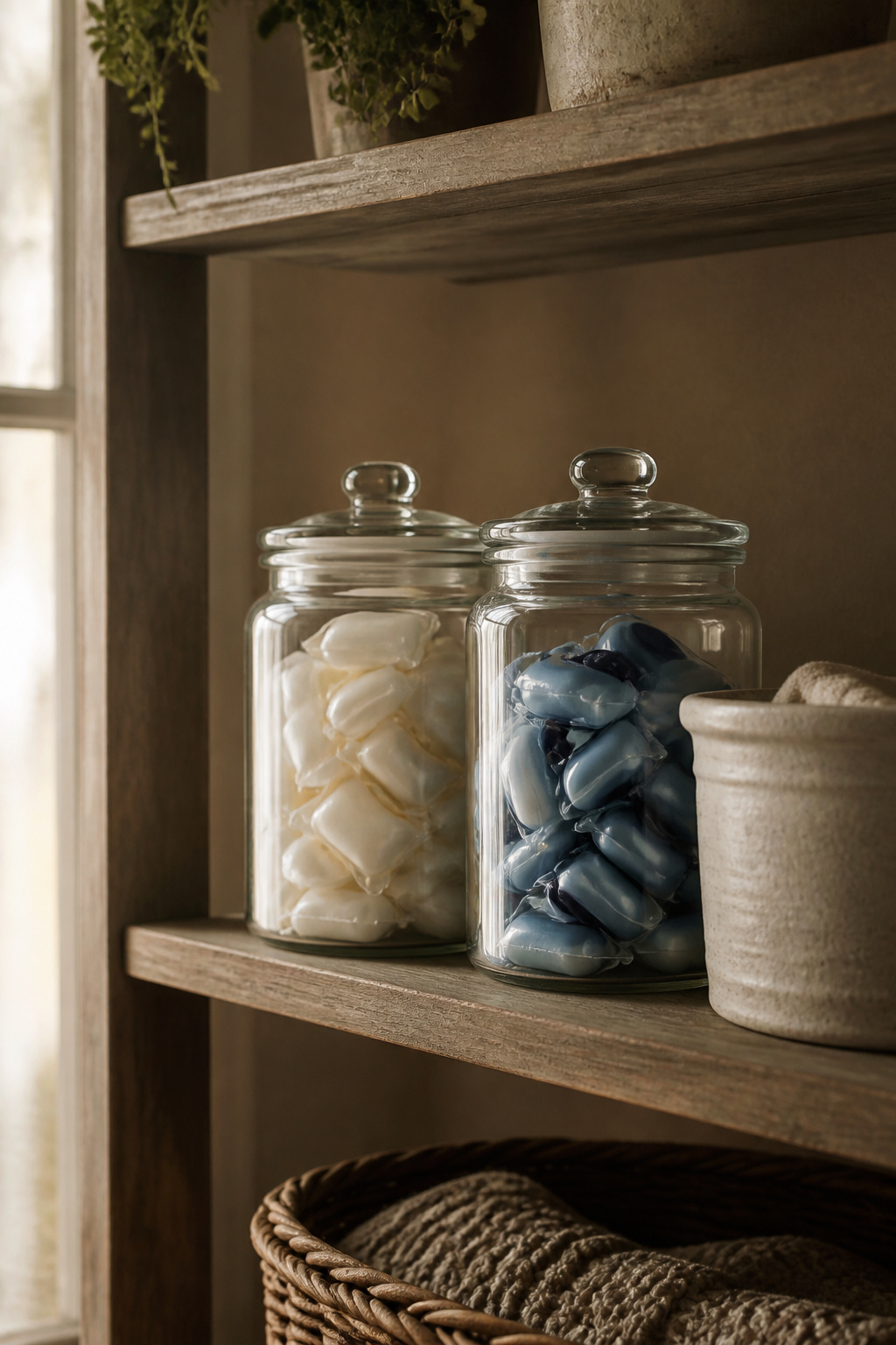 Narrow laundry shelf styled with matching glass jars and a stoneware bin instead of branded detergent packaging