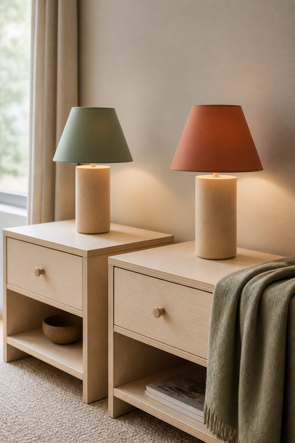 Two matching birch nightstands on one shared wall, each with an identical lamp shape in a different accent colour, sage-green and terracotta