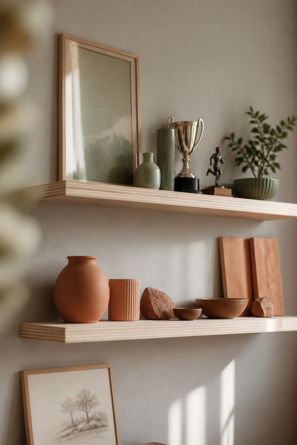 Two identical birch floating shelves on the same wall, one styled with sage-toned objects and the other with terracotta-toned objects