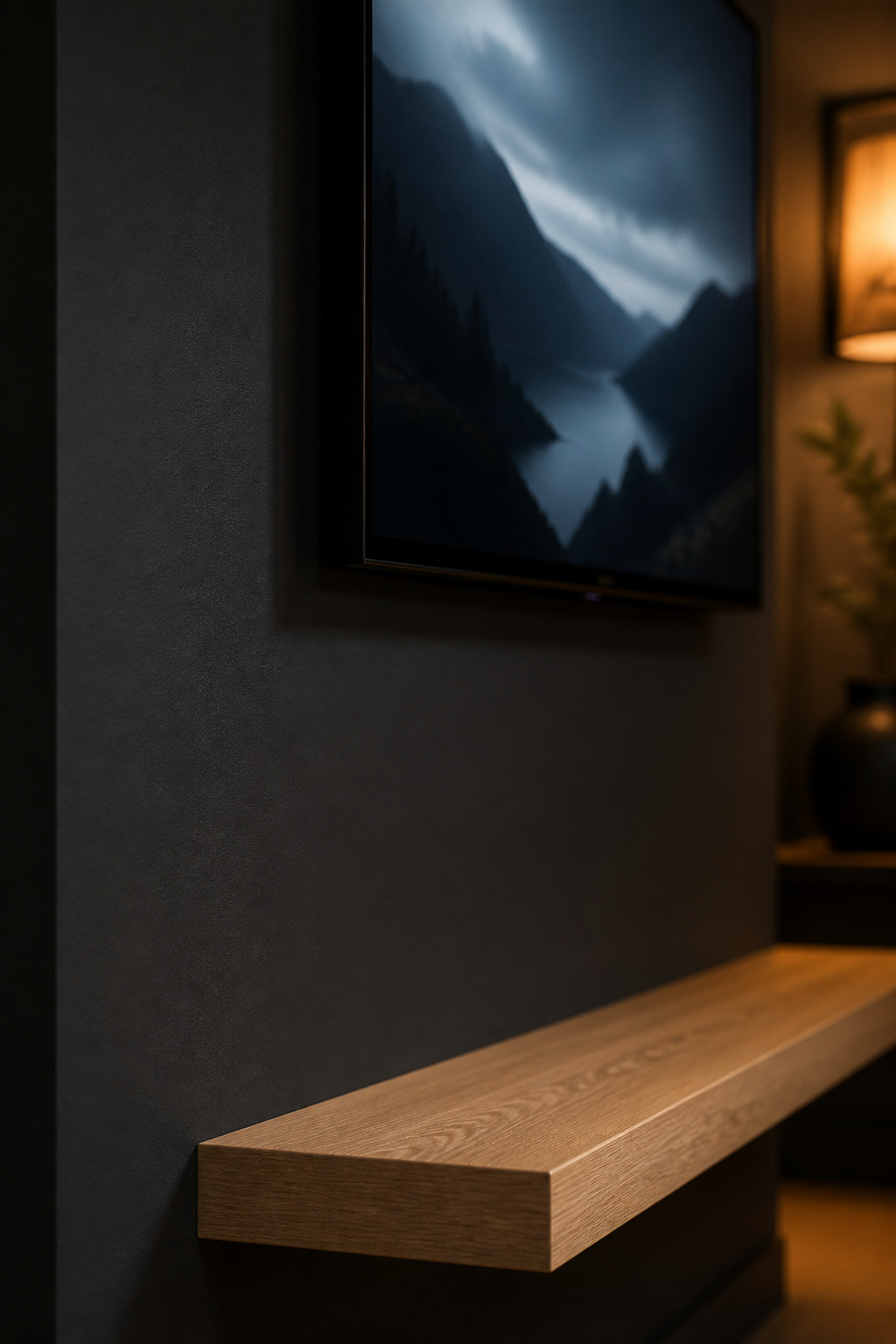 Close-up of deep charcoal matte paint finish on a TV accent wall showing the non-reflective texture beside a wall-mounted screen
