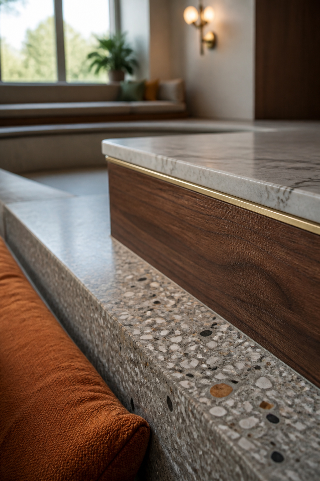 Close detail of a mid-century sunken living room step where terrazzo flooring meets marble coping and a walnut riser