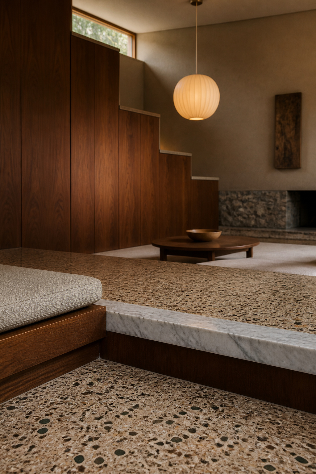 Mid-century modern sunken living room with a walnut-paneled step, terrazzo floor edge and marble step coping