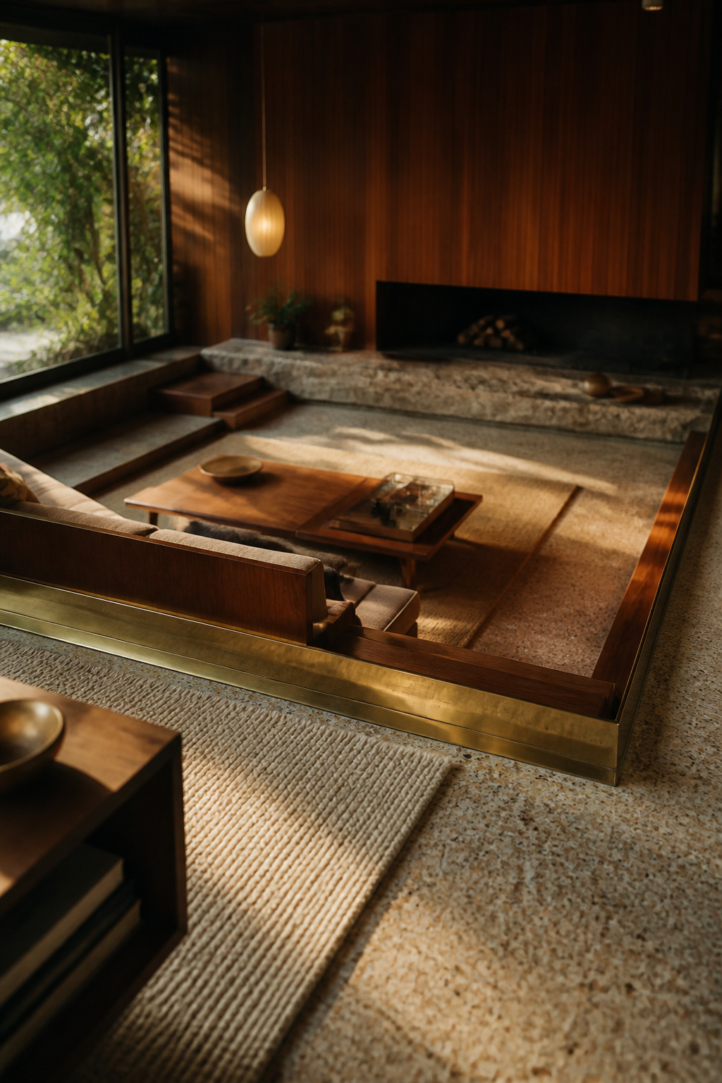 Preserved mid-century sunken living room viewed from the upper floor, showing walnut paneling, terrazzo and a stone hearth