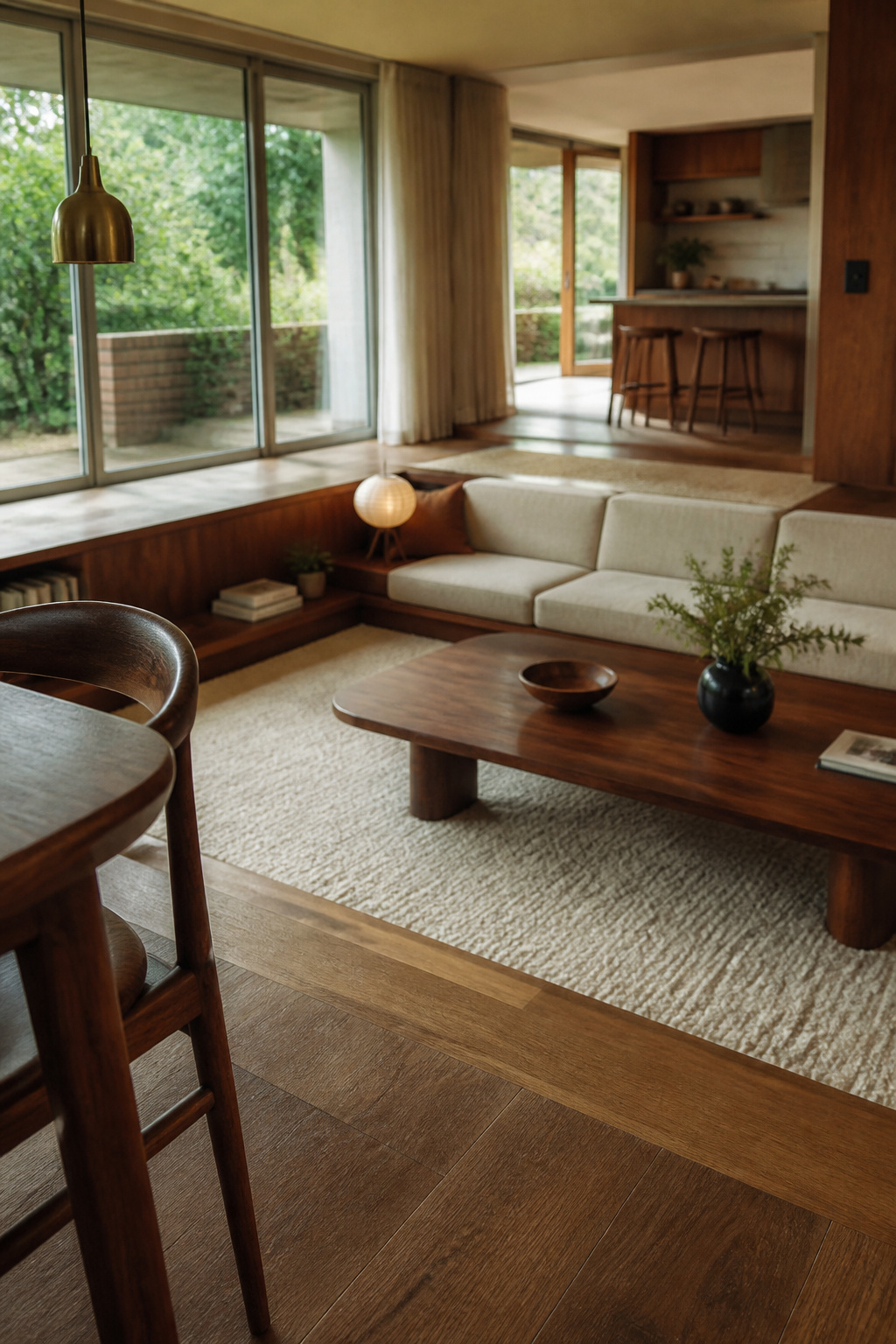 Open-plan mid-century great room with a sunken seating zone marked off from the dining area by a level change