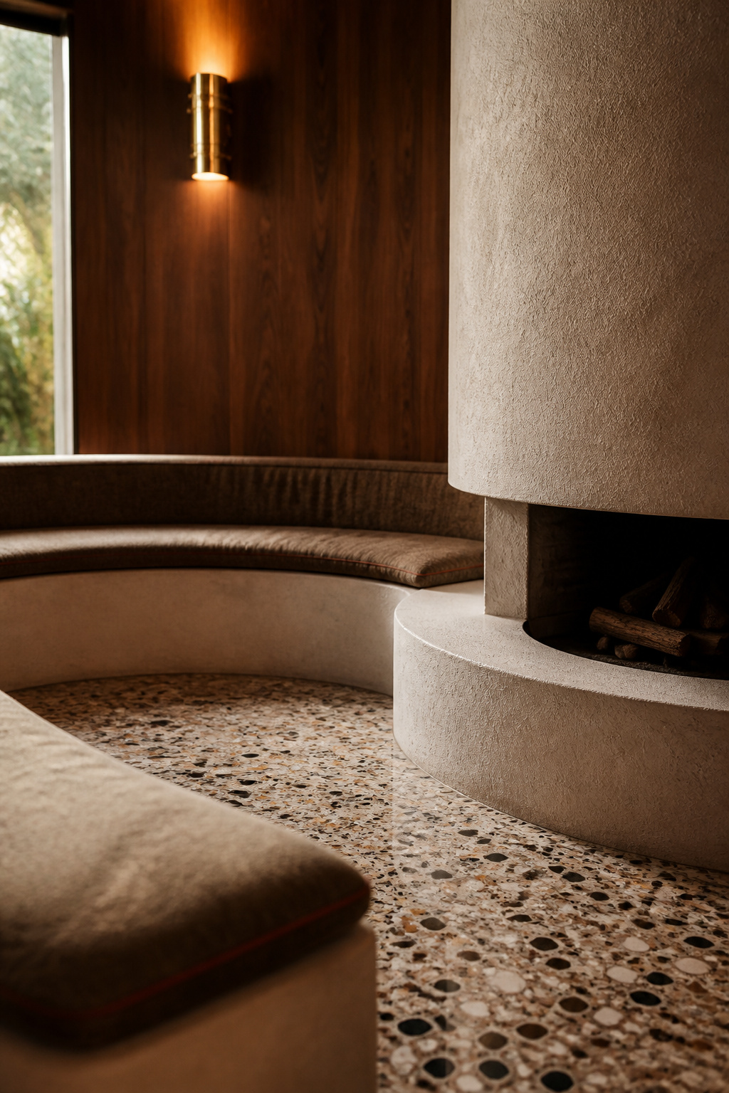 Semicircular mid-century sunken seating area with terrazzo flooring and a plaster fireplace surround