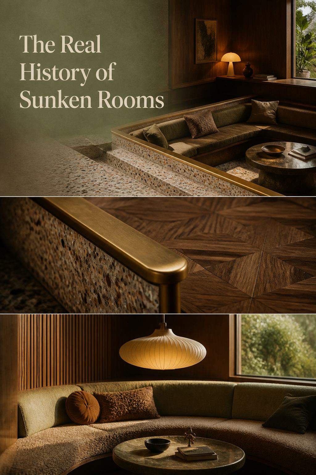 Pinterest pin collage of a mid-century modern sunken living room: walnut paneling and terrazzo, brass step coping over parquet, and a wool bouclé bench