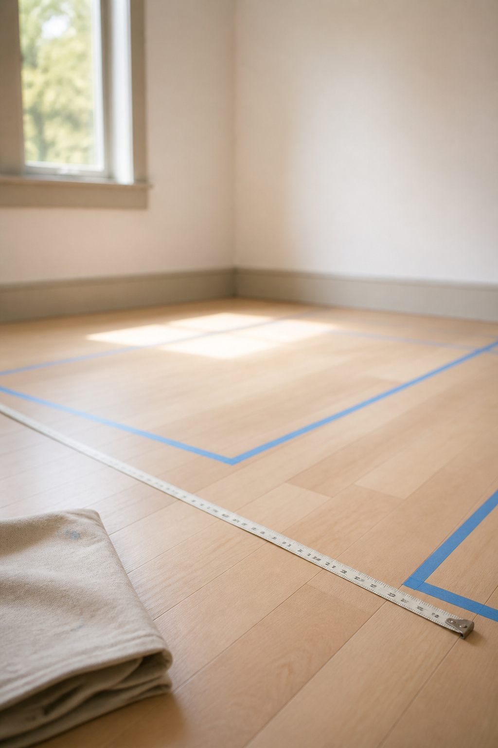 Tape measure and painter's-tape bed outlines on a bare bedroom floor, planning a two-bed layout before buying furniture