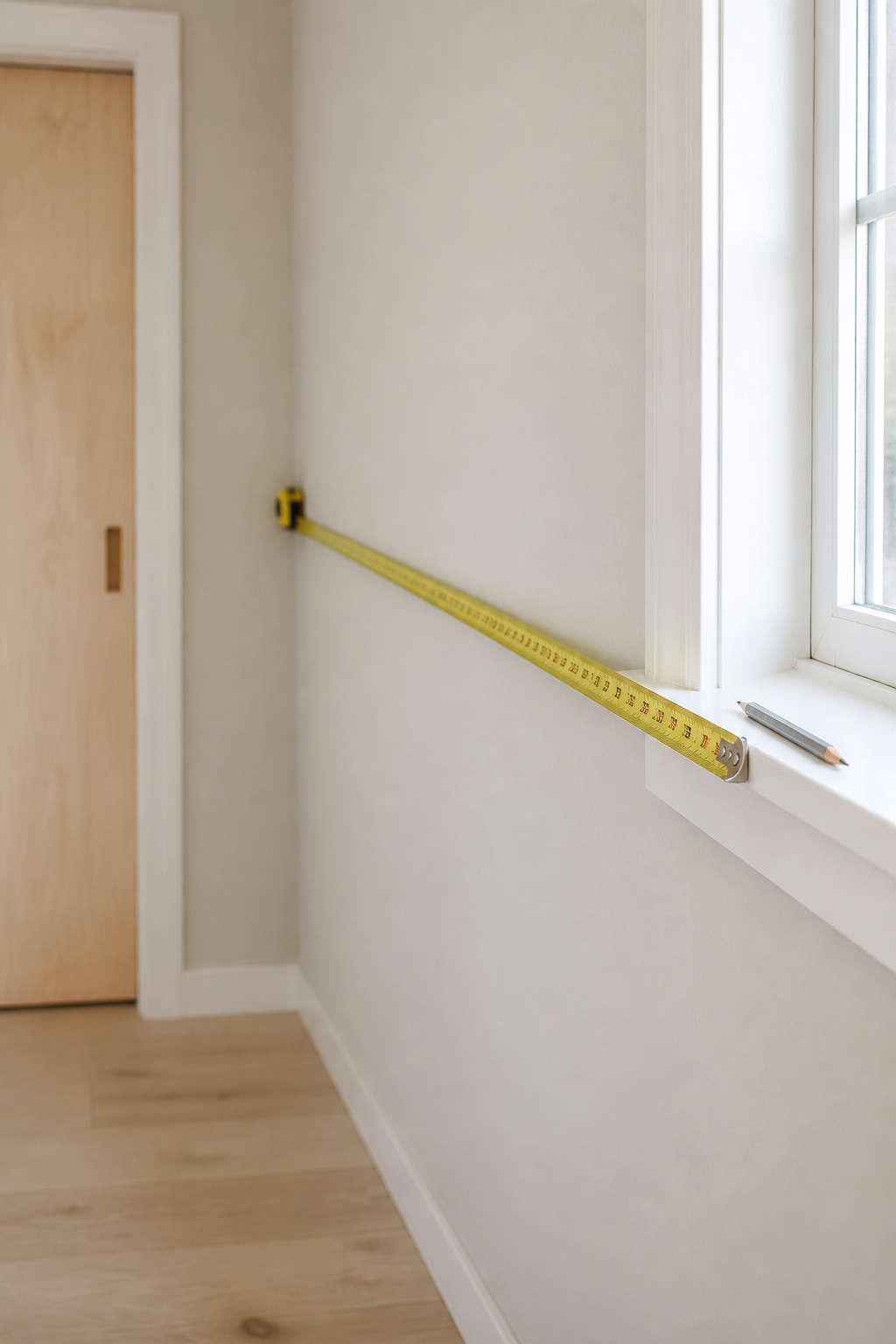 Tape measure extended along an empty bedroom wall between a closet door and a window, measuring the clear run for a built-in desk