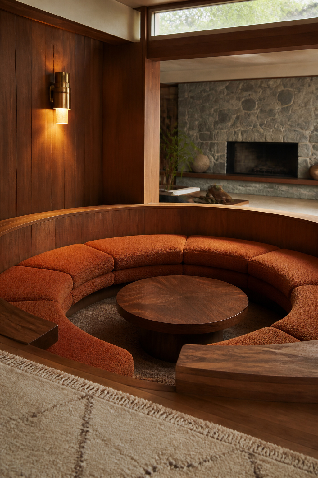 Circular sunken seating nook with teak paneling and a burnt-sienna cushion beside a stone fireplace