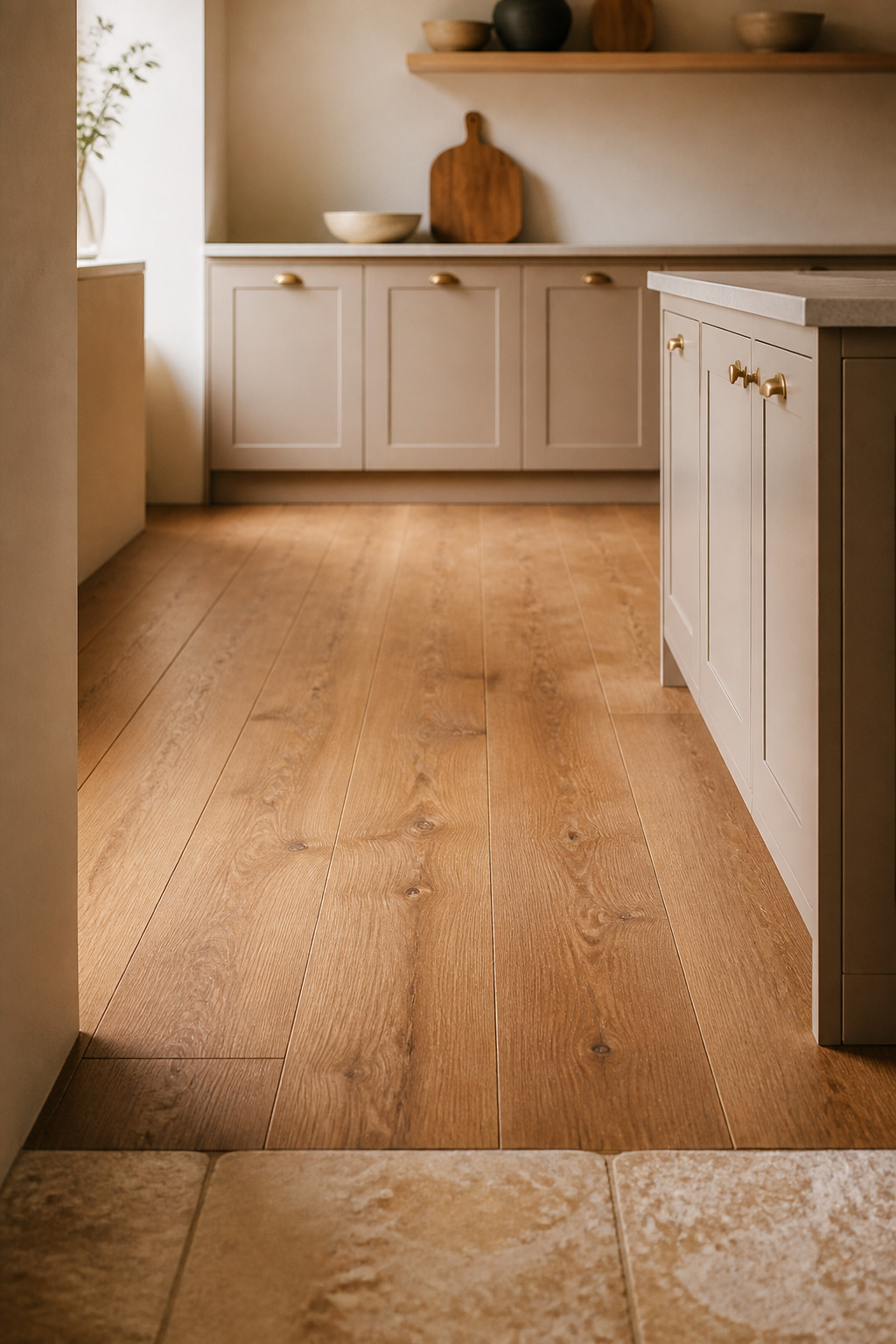 Mid-tone honey oak kitchen floor with warm grain against blurred warm off-white slim-shaker cabinetry