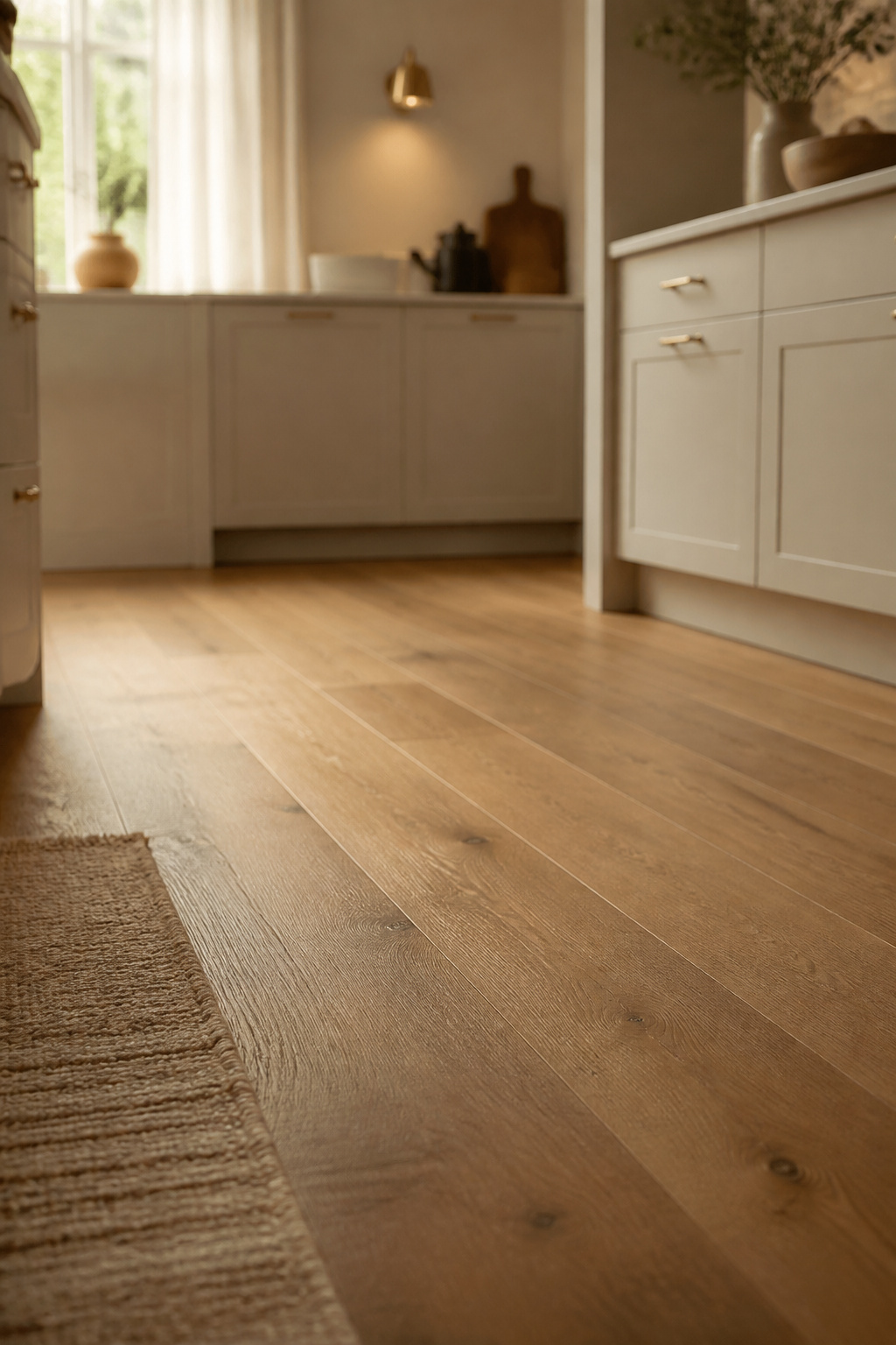 Mid-tone honey oak floorboards with warm even grain in a warm-white kitchen