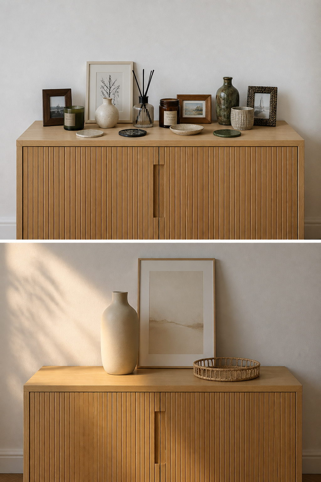Side-by-side comparison of a narrow sideboard overcrowded with small items versus the same sideboard styled with three objects and generous empty surface