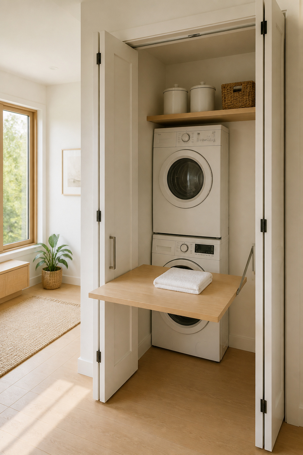 Completed minimalist Nordic laundry closet with stacked appliances, birch shelf above, fold-down counter open, and bifold doors folded back