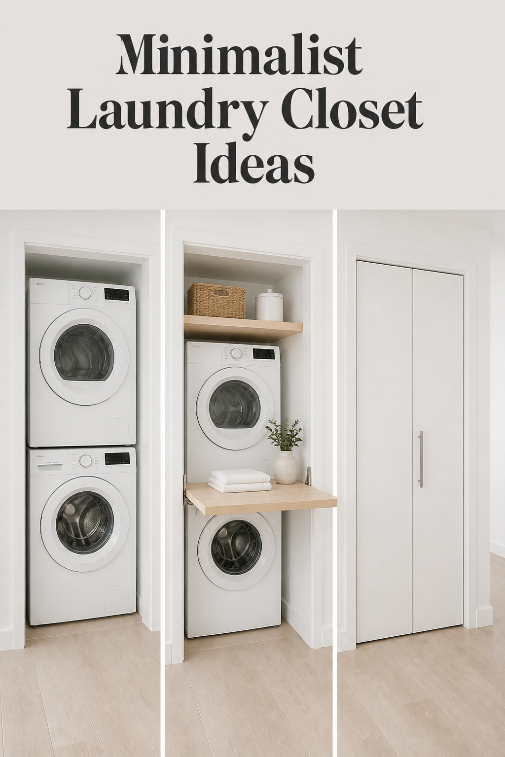 Three-panel minimalist laundry closet ideas: stacked appliances, wall above worked hard with shelf and fold-down counter, and closed bifold doors