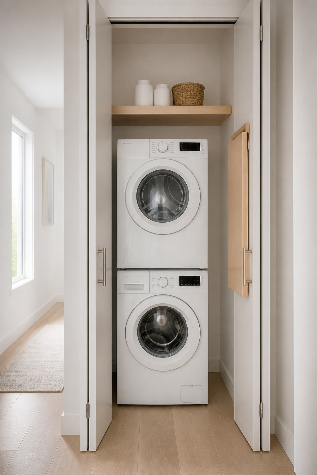 Open minimalist laundry closet with stacked white washer and dryer, birch shelf above and bifold doors folded back