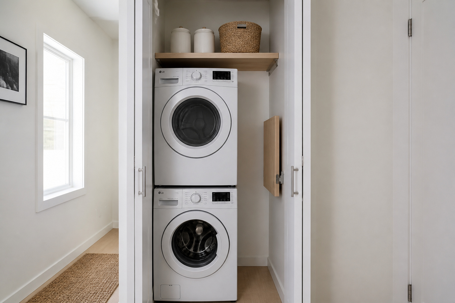 Open minimalist laundry closet with stacked white washer and dryer, birch shelf above and bifold doors folded back