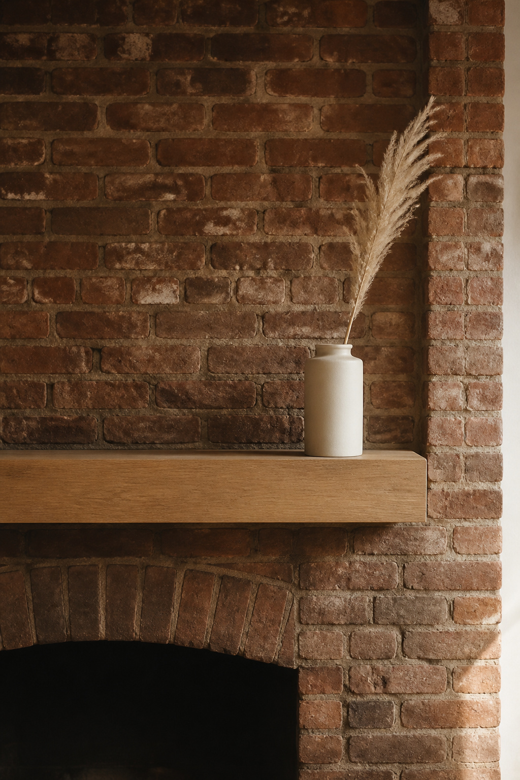 A single pale stoneware vase with dried pampas grass on an oak mantel shelf against a rich dark brick fireplace surround, demonstrating how minimal styling creates rest within a textured room