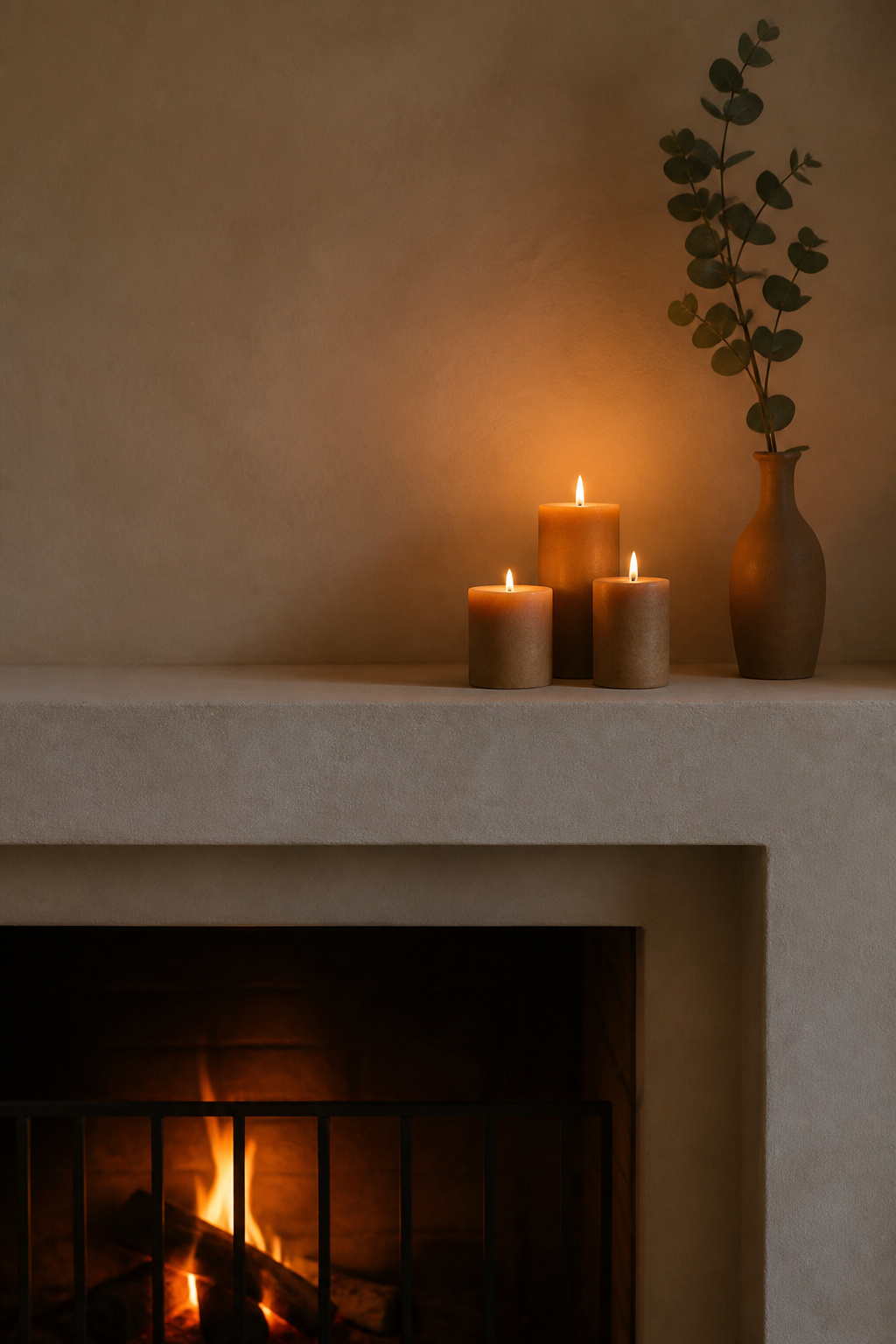 Three beeswax candles at varied heights with a eucalyptus branch on a minimal plaster mantel, warm candlelight visible, demonstrating hygge warmth without clutter