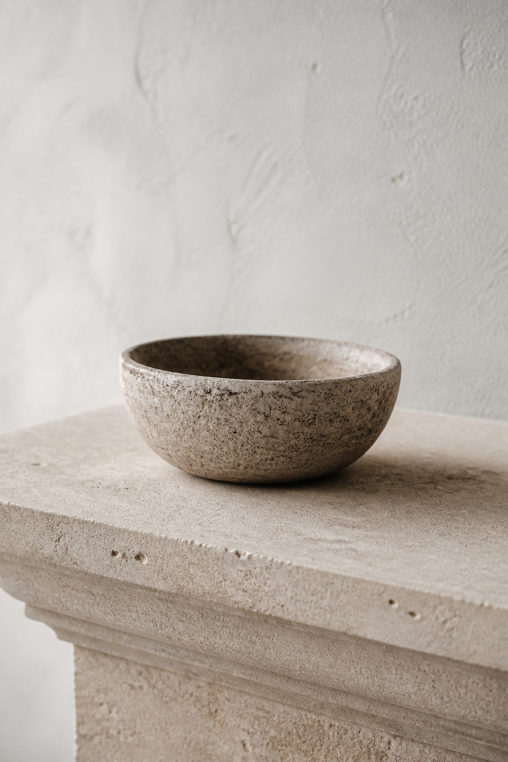 A single rough-hewn ceramic bowl centred on a limestone mantel shelf, with the rest of the shelf bare — illustrating the lagom principle of 'just enough'