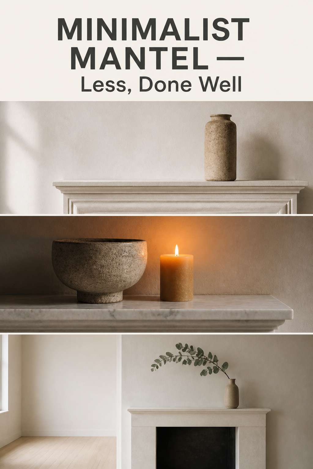 Pinterest collage showing three minimalist mantel arrangements — stoneware vessel, beeswax candle, and eucalyptus branch — with headline 'Minimalist Mantel: Less, Done Well'