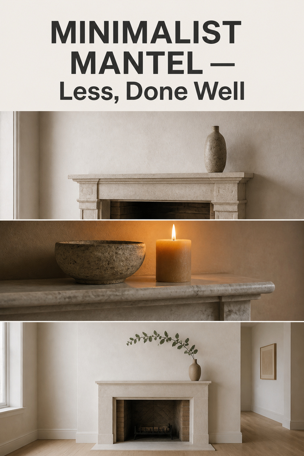 Pinterest collage showing three minimalist mantel arrangements — stoneware vessel, beeswax candle, and eucalyptus branch — with headline 'Minimalist Mantel: Less, Done Well'
