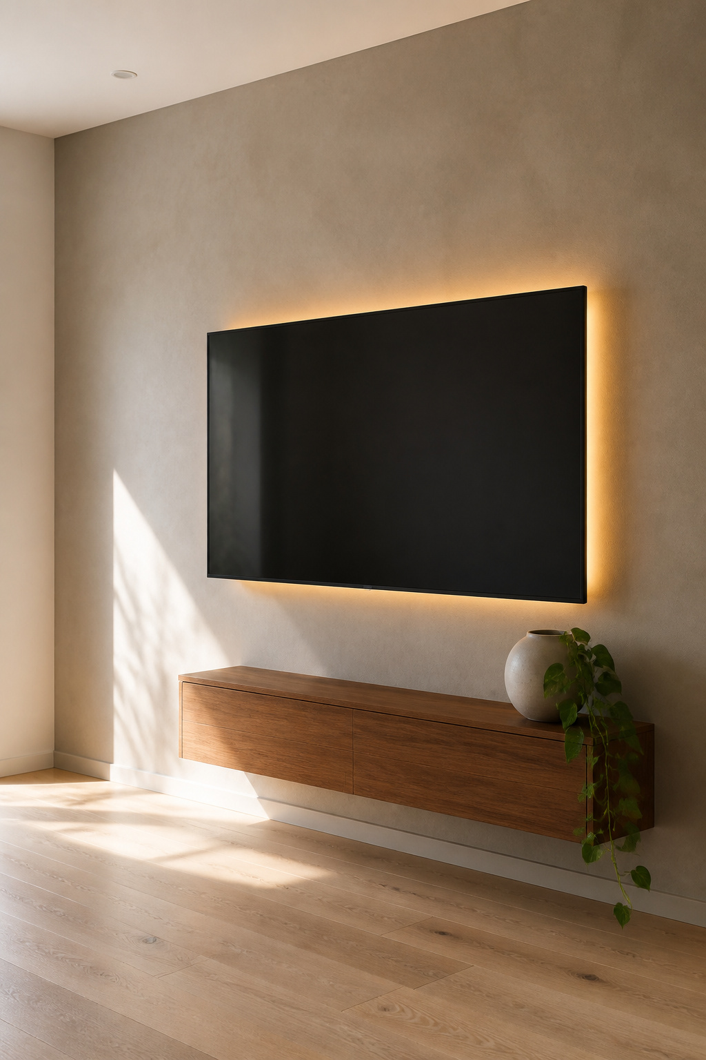 Minimalist Scandinavian living room TV wall with greige plaster, wall-mounted television, and single floating teak console