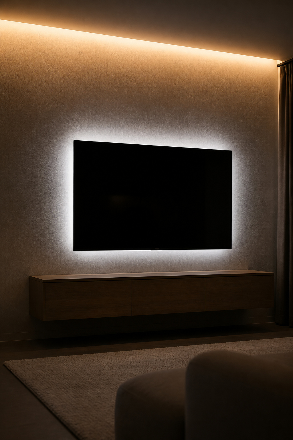 Minimalist TV wall at night with 6500K bias lighting halo behind screen and warm cove lighting above separating wall from ceiling