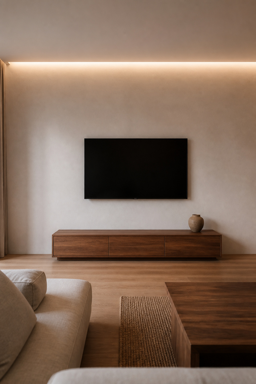 Complete Scandinavian minimalist TV wall with low walnut console, single ceramic, wide negative space, and warm cove lighting