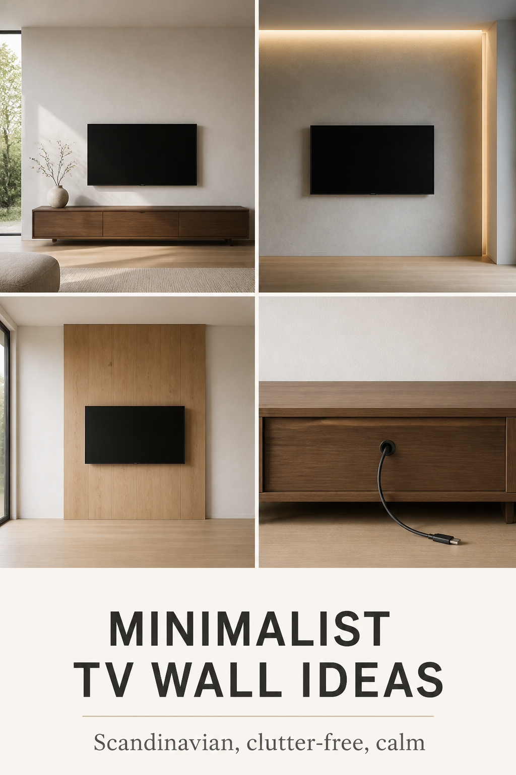 Four minimalist TV wall ideas Pinterest collage — limewash plaster, cove lighting, oak panel, and clean cable management