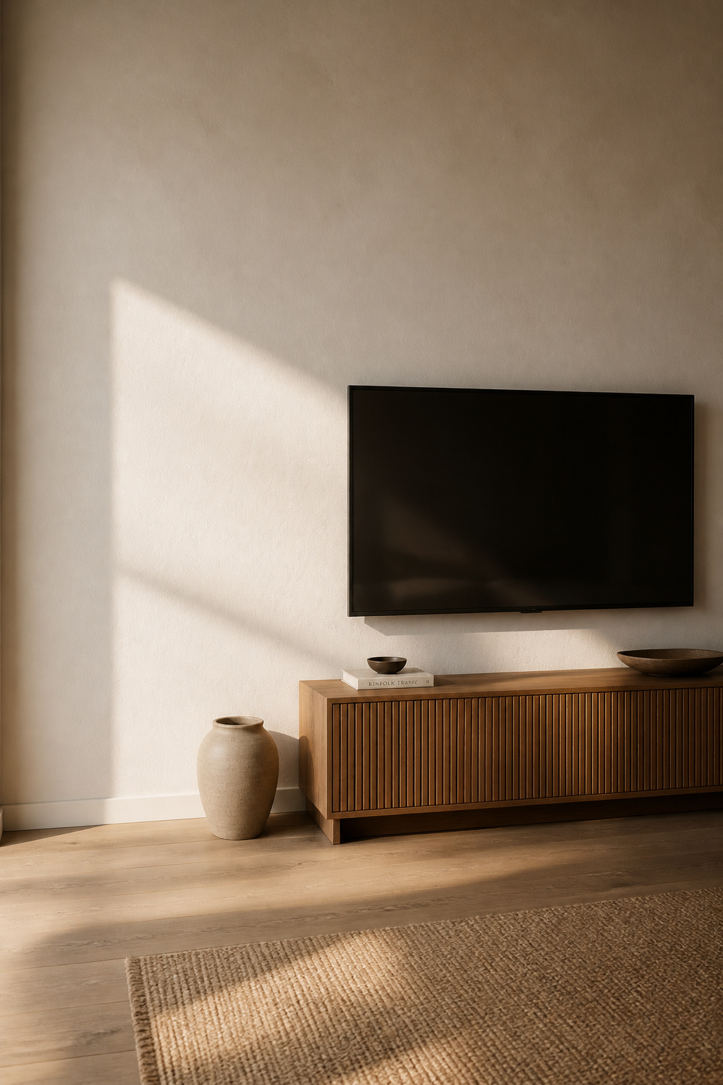 Sparse Scandinavian TV wall with warm plaster, negative space, and a single ceramic object on the floor