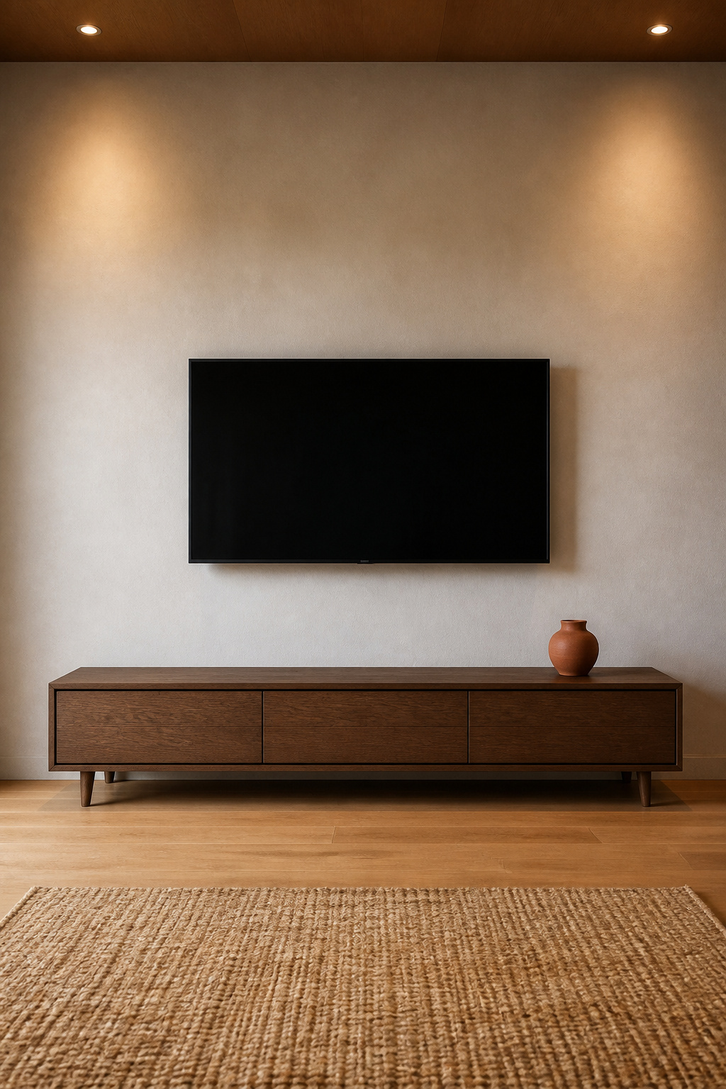 Low solid-oak Japandi TV console below wall-mounted TV, one ceramic vessel, negative space on both sides
