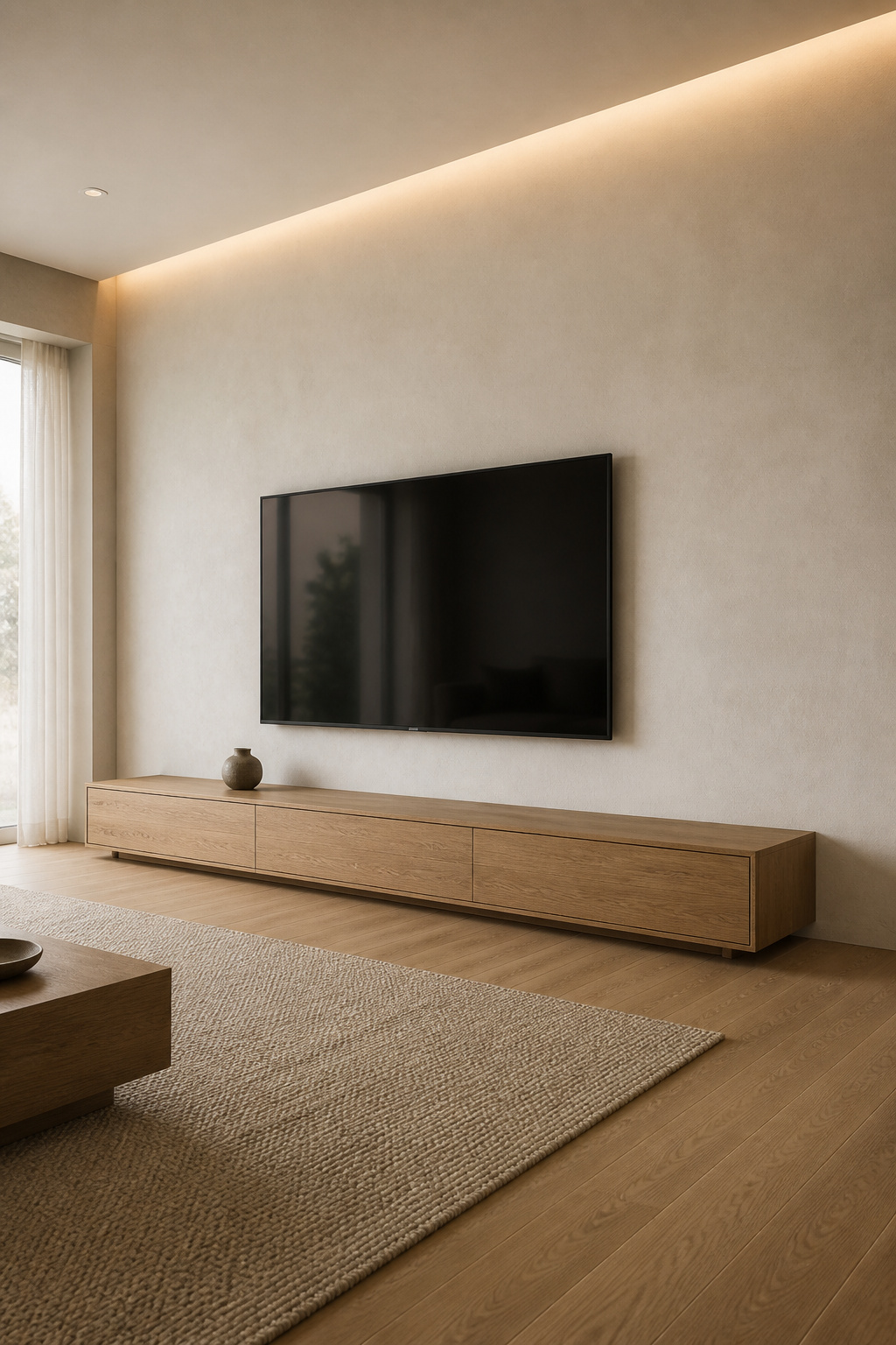 Minimalist Scandinavian TV wall with limewash plaster finish, low solid oak console, and warm indirect ceiling cove lighting