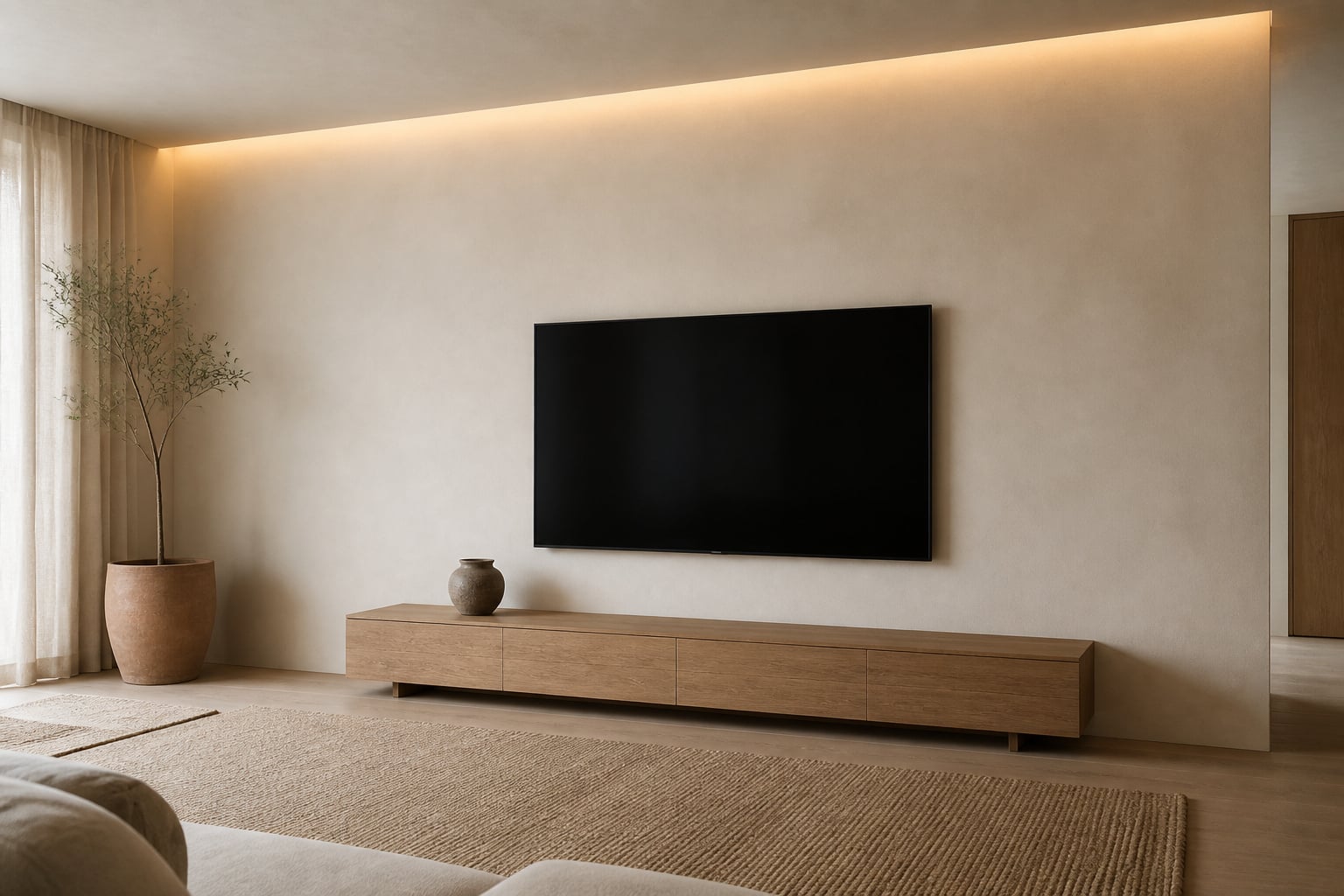 Minimalist Scandinavian TV wall with limewash plaster finish, low solid oak console, and warm indirect ceiling cove lighting