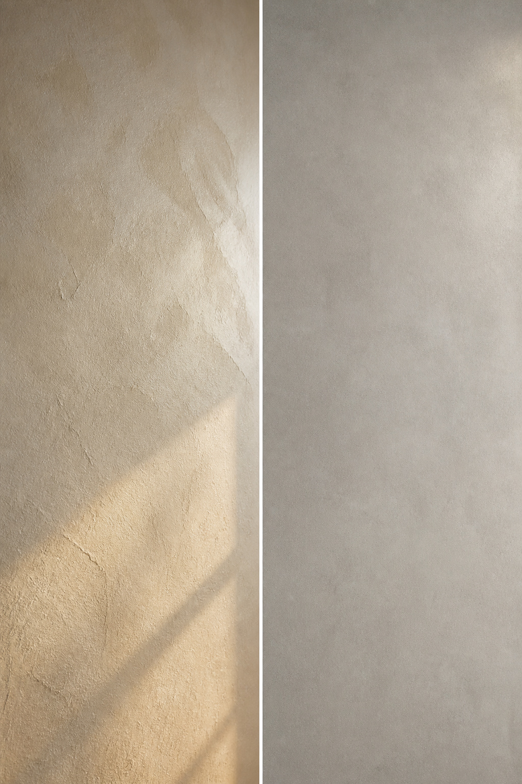 Side-by-side comparison of limewash plaster and microcement wall finishes for a minimalist TV wall