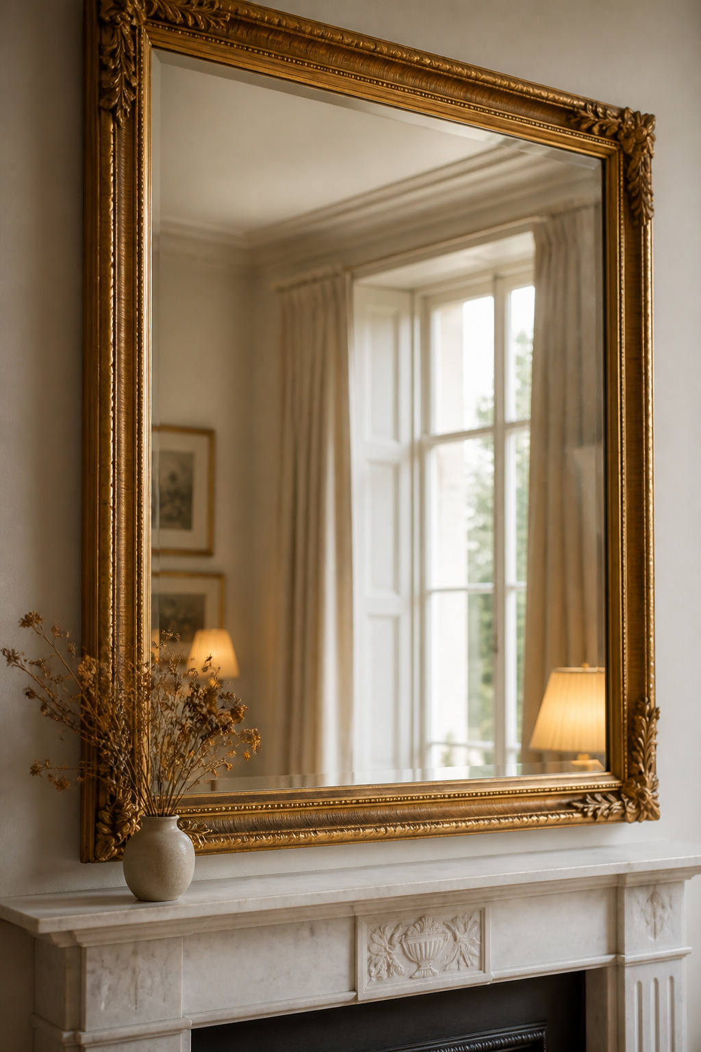 Large gilt-framed rectangular mirror above a white marble fireplace surround, reflecting window light into the room