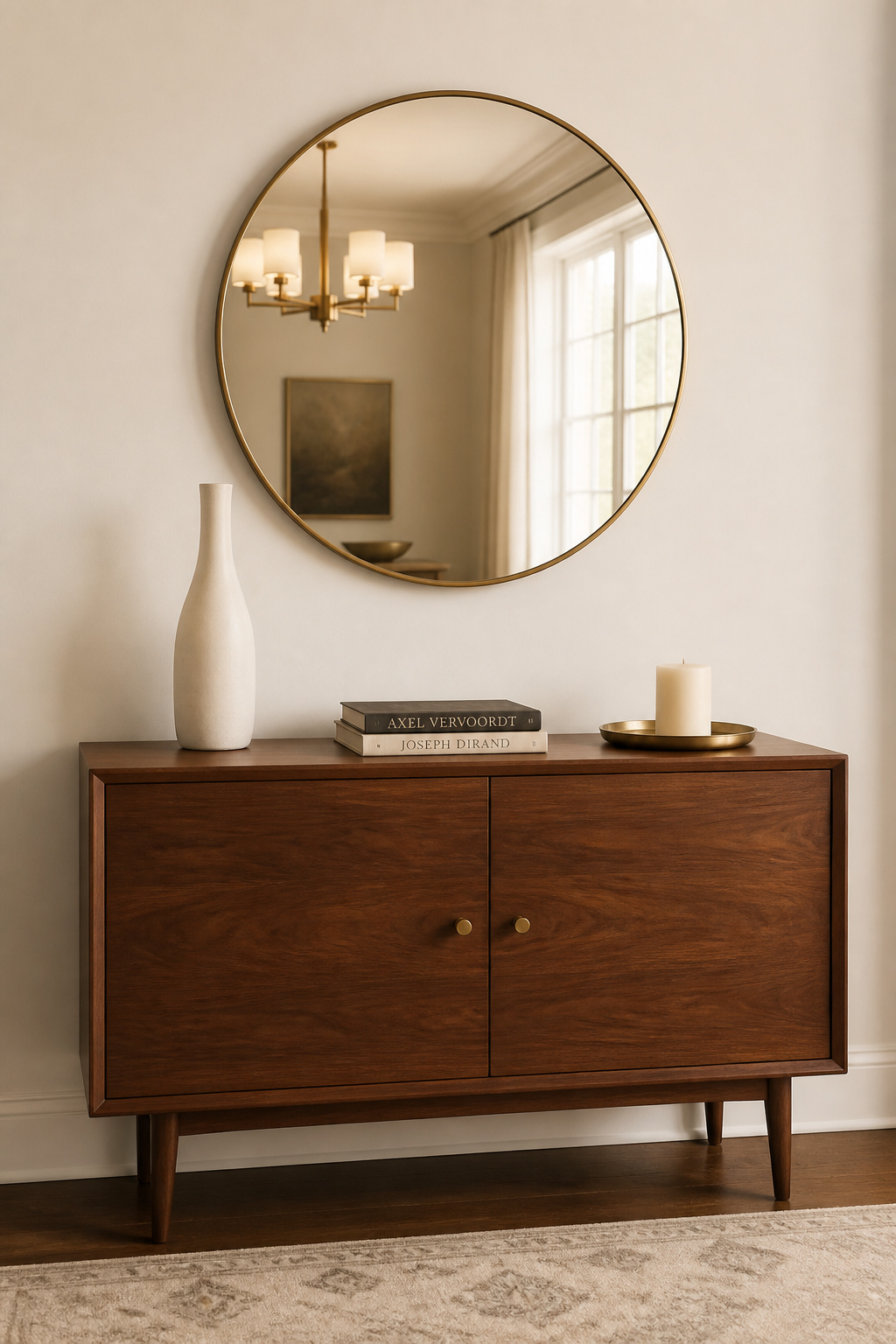 A round brass-framed bevelled mirror above a walnut mid-century sideboard, its lower edge 5 inches above the surface, reflecting soft window light — showing when a mirror wins above a dining room buffet