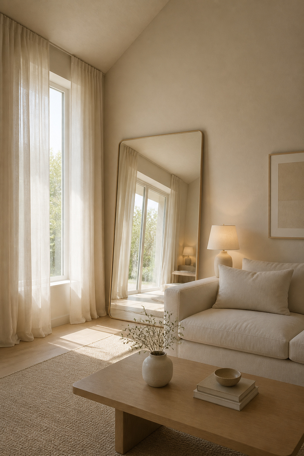Large leaning floor mirror behind sofa in small high-ceiling living room reflecting window light and extending perceived footprint