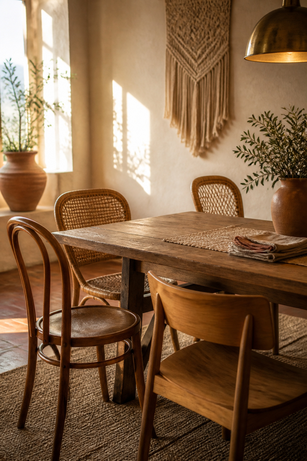 Boho dining room with mismatched chairs including a vintage bentwood chair, woven rattan chairs and a modern wood chair around a reclaimed wood table