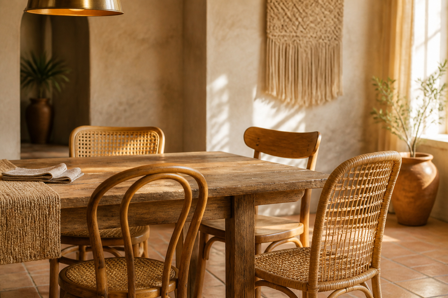 Boho dining room with mismatched chairs including a vintage bentwood chair, woven rattan chairs and a modern wood chair around a reclaimed wood table