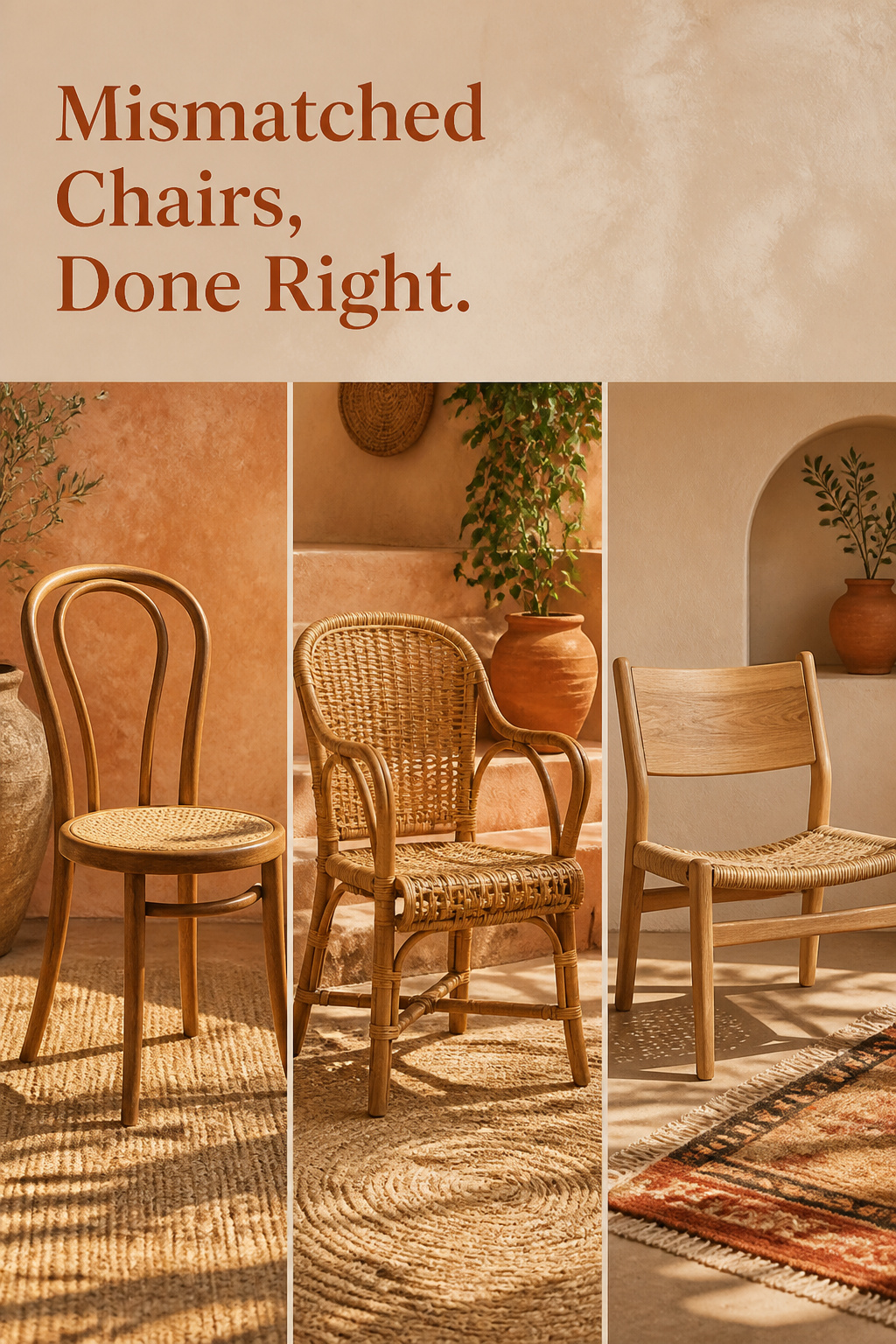 Pinterest pin showing three mismatched boho dining chairs styles - vintage bentwood, rattan, and modern wood - unified by wood tone
