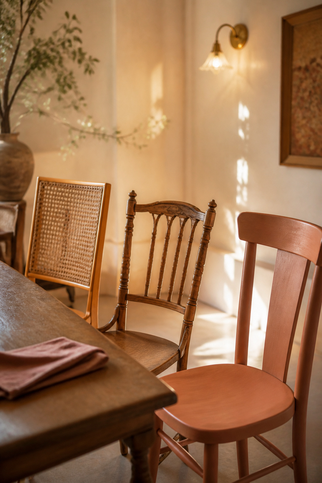 Three mismatched boho dining chairs in rattan, vintage wood and painted terracotta finishes around a shared table