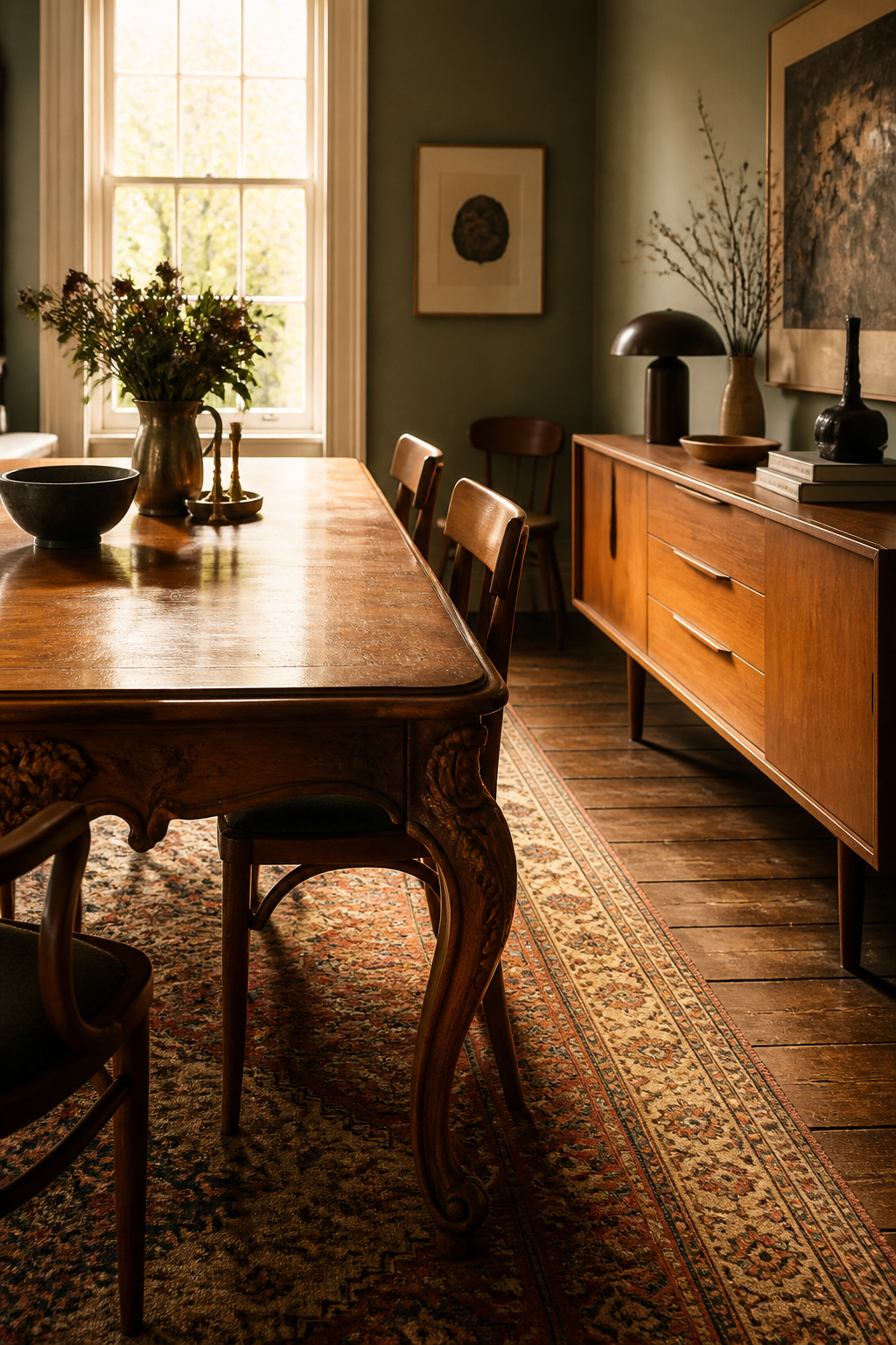 Eclectic dining room with antique walnut dining table paired with a sleek mid-century modern teak credenza