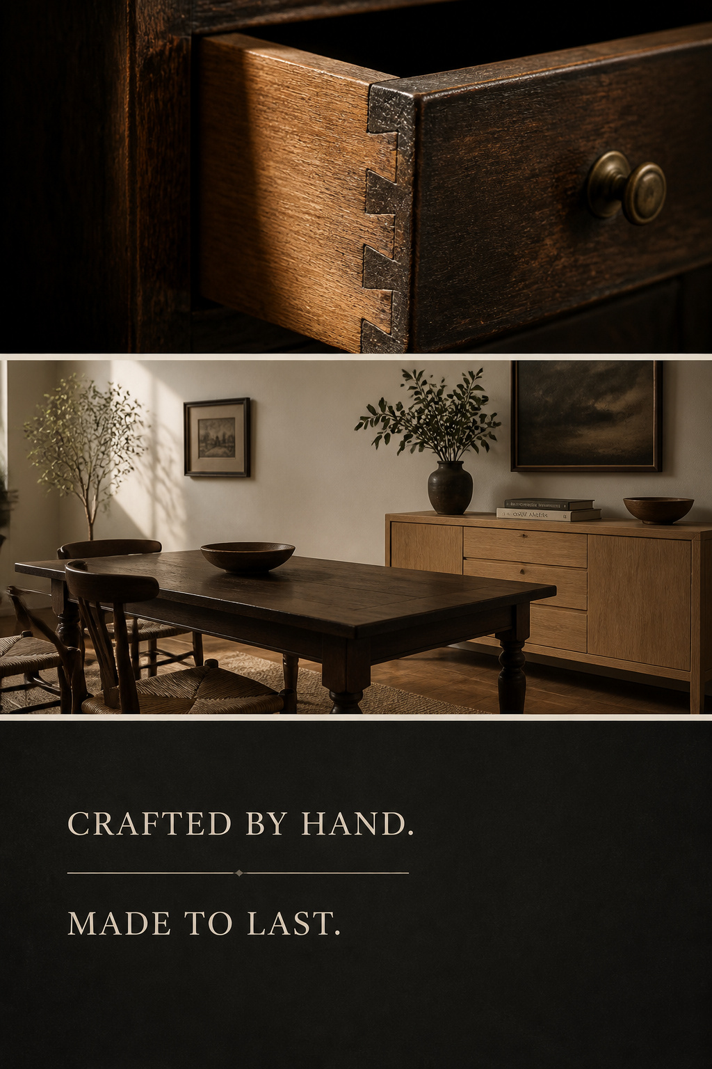 Pinterest collage showing how to mix vintage and modern dining furniture with expert joinery cues and wood-tone pairing tips