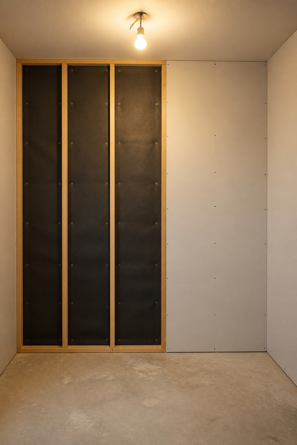 Mass loaded vinyl soundproofing barrier installed across wall studs in laundry room renovation