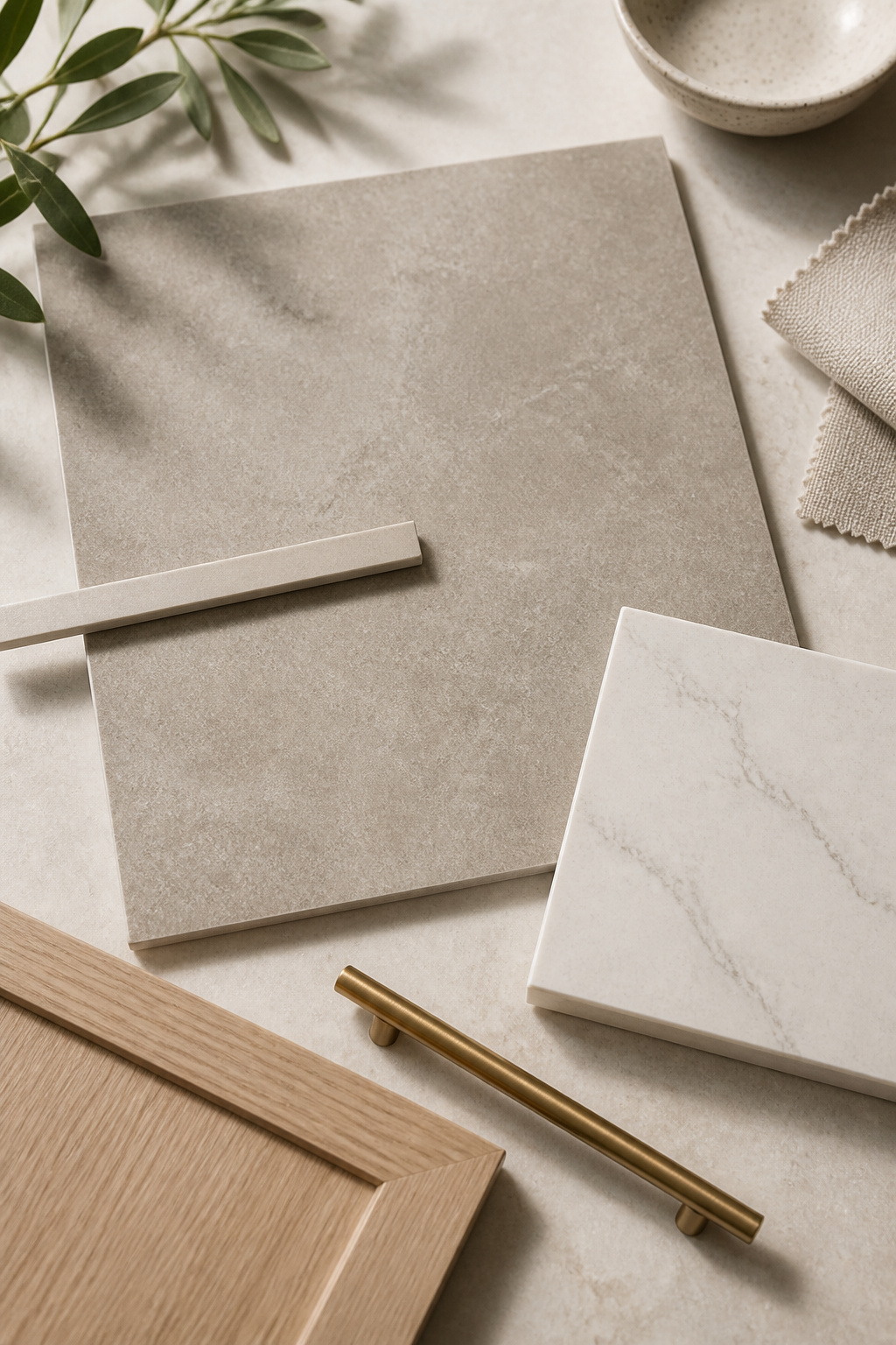 Material palette for a seamless modern kitchen backsplash: 24x24 matte greige porcelain tile, matched grout, warm-white quartz countertop sample, pale oak cabinet front, brushed brass hardware