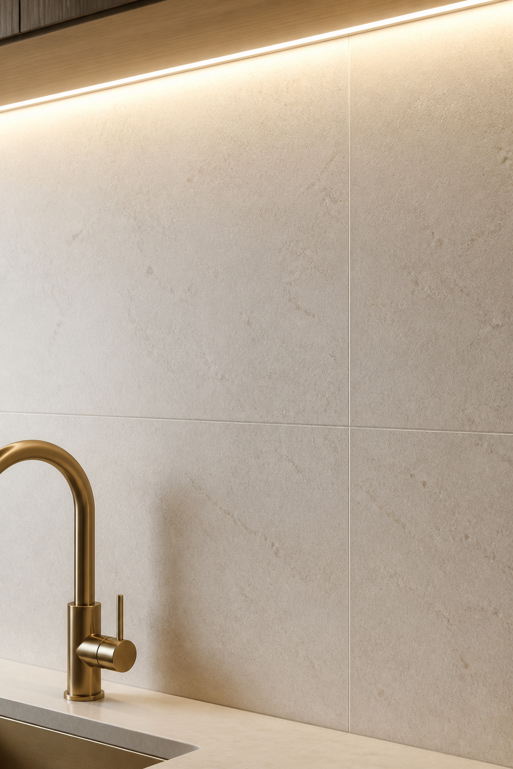 Honed limestone-look porcelain backsplash with matched grout and warm LED under-cabinet lighting creating a calm, warm-modern kitchen wall