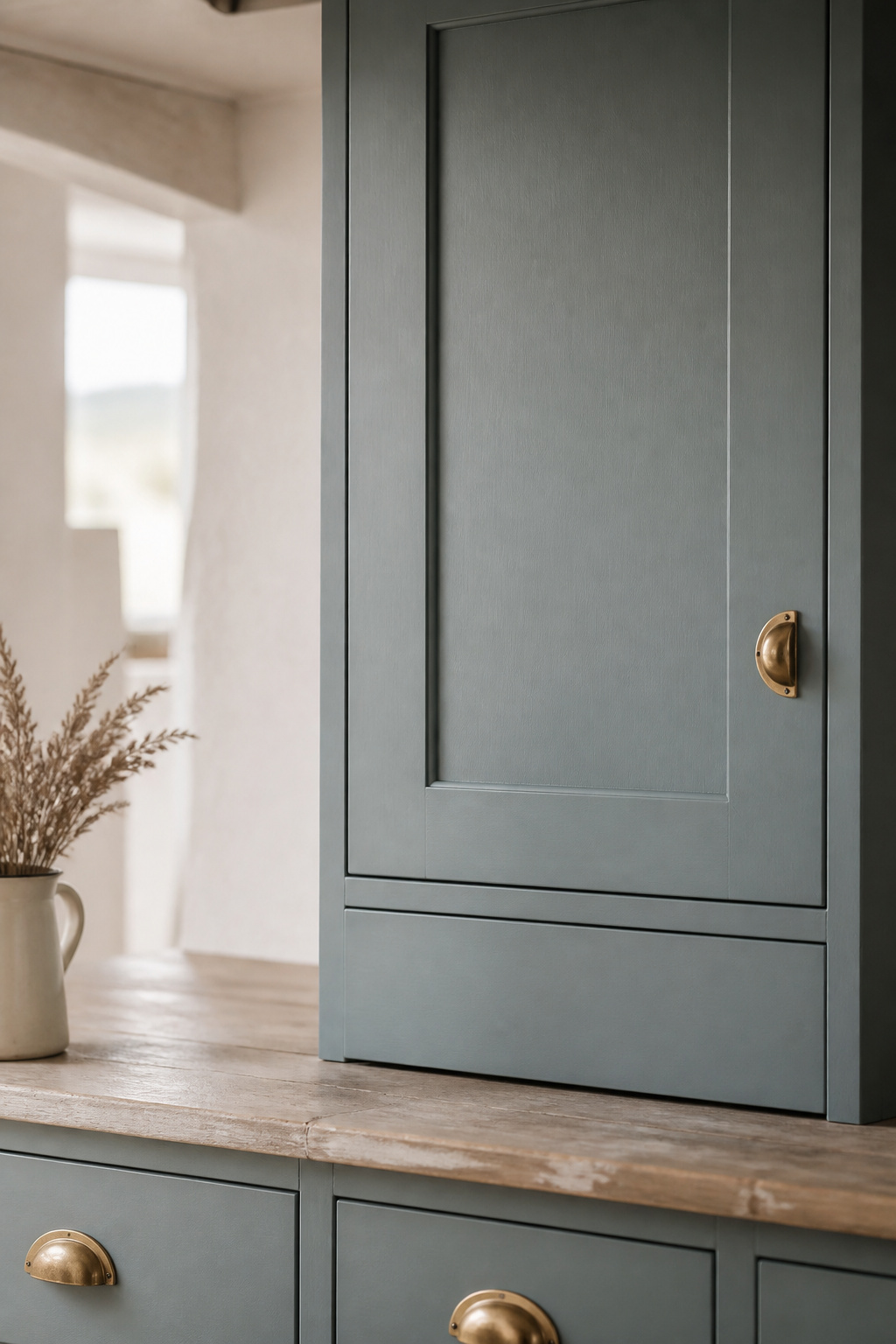 Dusty blue-green shaker cabinetry with a brass pull beside reclaimed pine countertop and cream enamelware