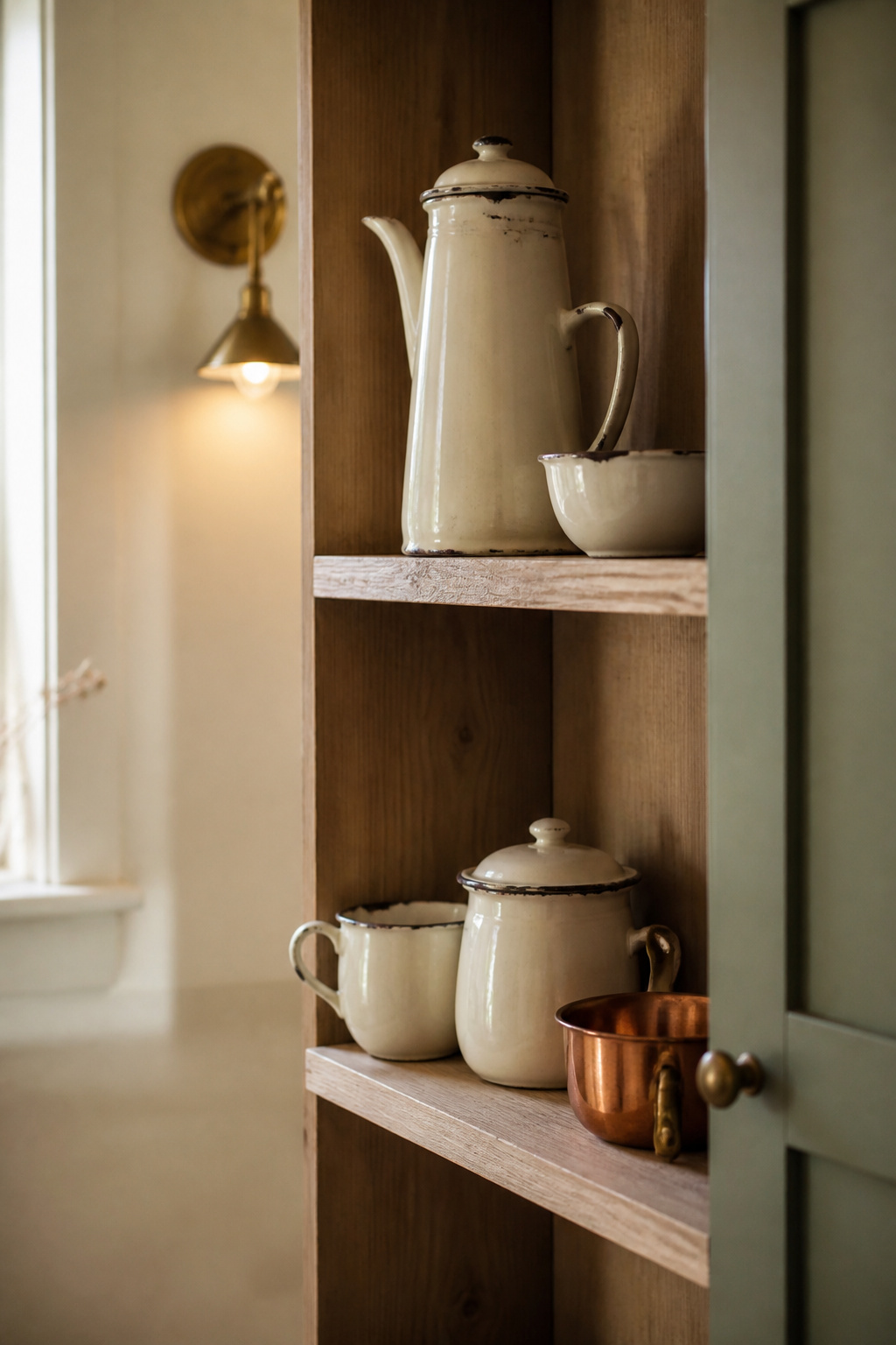 Open pine shelf styled with cream enamelware and a copper pan against a sage green cabinet